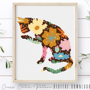 Cat Cross Stitch Pattern, Animal Silhouette Counted Cross Stitch Sampler, Modern Floral Cross Stitch, Embroidery Cat, Digital Download PDF