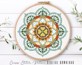 Mandala Cross Stitch Pattern, Geometric Colorful Cross Stitch, Modern Counted Cross Stitch, Easy Floral Embroidery, Digital Download PDF