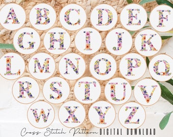 Set of 26 floral letters, full alphabet cross modern cross stitch pattern, floral initial, monogram hoop art, nursery decor DIY, digital PDF