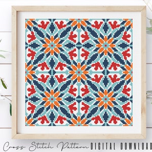 Modern Cross Stitch Pattern, Counted Cross Stitch Sampler, Tile Embroidery, Mosaic Cross Stitch, Colorful Cross Stitch, Digital Download PDF