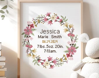 Floral Birth Announcement Cross Stitch Pattern: Modern Nursery Decor (Digital Download)