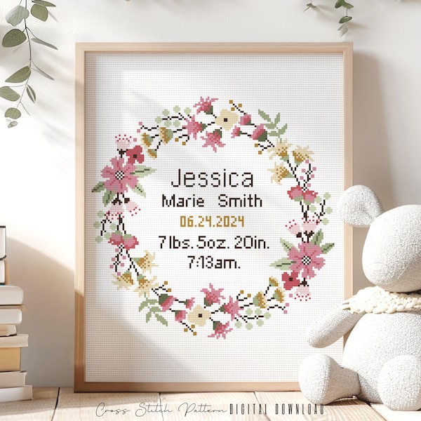 Patrón de punto de cruz con anuncio de nacimiento floral: Decoración moderna para habitación infantil (descarga digital)