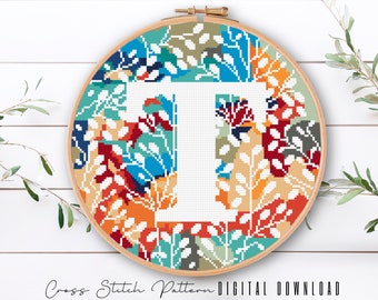 Letter T, Cross Stitch Alphabet Pattern, Modern Monogram, Counted Cross Stitch Sampler, Initial Embroidery, Hoop Art, Digital Download PDF