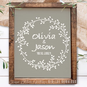 Wedding Modern Cross Stitch Pattern, Personalized Counted Cross Stitch, Wedding Anniversary Sampler, Engagement Gift, Digital Download PDF image 1