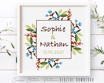 Wedding Modern Cross Stitch Pattern, Personalized Counted Cross Stitch, Wedding Anniversary Sampler, Engagement Gift, Digital Download PDF