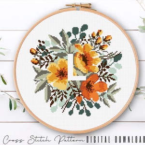 Letra floral L, padrão de alfabeto em ponto cruz, monograma com flor, amostrador de ponto cruz contado, bordado inicial, download digital PDF