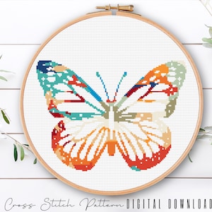 Butterfly Cross Stitch Pattern, Modern Cross Stitch, Floral Counted Cross Stitch, Embroidery Flower, Hoop Art, Home Decor, Digital Download