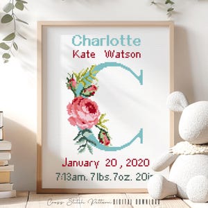 Patrón de punto de cruz para anuncio de nacimiento, decoración de guardería con la letra C, muestrario de registro de nacimiento personalizado para punto de cruz, regalo para bebé, descarga digital en PDF
