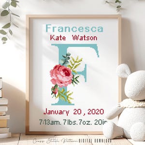 Patrón de punto de cruz para anuncio de nacimiento, decoración de guardería con la letra F, muestrario de registro de nacimiento personalizado para punto de cruz, regalo para bebé, descarga digital en PDF