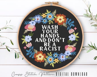 Subversive Cross Stitch Pattern, Wash Your Hands Bathroom Cross Stitch, Floral Counted Cross Stitch, Funny Embroidery, Digital Download PDF