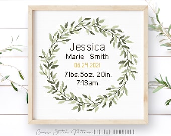 Birth Announcement Cross Stitch Pattern: Modern Nursery Decor (Digital Download)