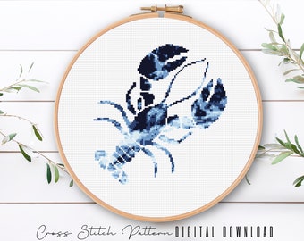 Modern Lobster Cross Stitch, Sea Life Cross Stitch Pattern, Ocean Waves Counted Cross Stitch Chart, Beach Embroidery, Digital Download PDF