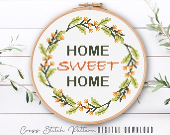 Home Sweet Home-kruissteekpatroon: bloemenkrans (digitale download pdf)