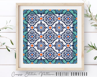Modern Cross Stitch Pattern, Counted Cross Stitch Sampler, Tile Embroidery, Mosaic Cross Stitch, Colorful Cross Stitch, Digital Download PDF