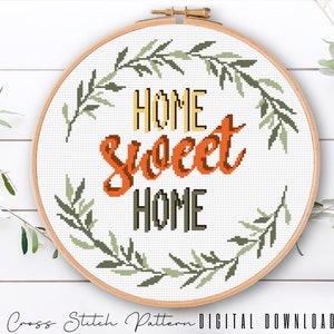 Home Sweet Home Cross Stitch Pattern, Modern Counted Cross Stitch Sampler, Floral Embroidery, Hoop Art, Home Decor DIY, Digital Download PDF