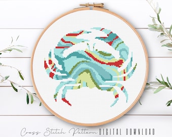 Modern Sea Life Cross Stitch Pattern, Modern Crab Cross Stitch, Ocean Counted Cross Stitch Sampler, Beach Embroidery, Digital Download PDF