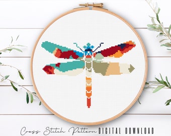 Dragonfly Cross Stitch Pattern, Animal Silhouette Counted Cross Stitch Sampler, Modern Dragonfly Embroidery Pattern, Digital Download PDF