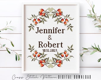 Wedding Modern Cross Stitch Pattern, Personalized Counted Cross Stitch, Wedding Anniversary Sampler, Engagement Gift, Digital Download PDF