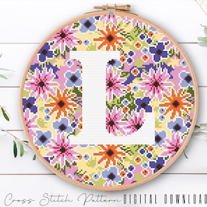 Letter L, Cross Stitch Alphabet Pattern, Modern Monogram, Counted Cross Stitch Sampler, Initial Embroidery, Hoop Art, Digital Download PDF