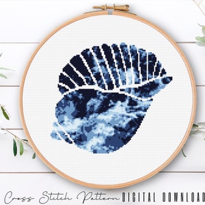 Patrón moderno de punto de cruz de concha de mar, muestra de punto de cruz contada de olas del océano, bordado de playa, arte de aro, decoración del hogar, descarga digital