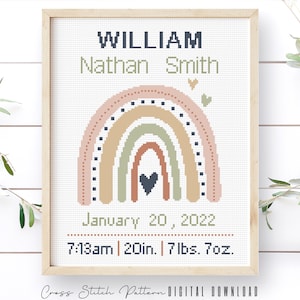 Birth Announcement Cross Stitch Pattern, Modern Rainbow Cross Stitch Sampler, Boy, Girl Nursery Decor, Personalized Gift, Digital Download