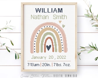 May include: A cross stitch pattern featuring a rainbow in shades of pink, orange, green, and brown with a black outline. The pattern includes the name "WILLIAM Nathan Smith", the date "January 20, 2022", and the time and measurements "7:13am | 20in. | 7 lbs. 7oz."