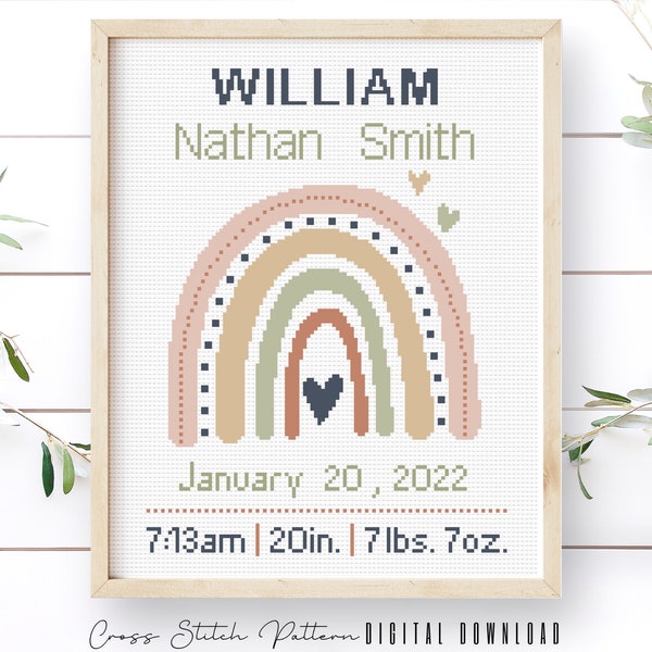 Birth Announcement Cross Stitch Pattern, Modern Rainbow Cross Stitch Sampler, Boy, Girl Nursery Decor, Personalized Gift, Digital Download