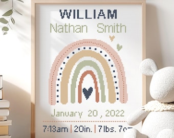 May include: Cross stitch pattern featuring a rainbow with a heart in the center. The pattern includes the name "WILLIAM Nathan Smith", the date "January 20, 2022", and the time and measurements "7:13am | 20in. | 7 lbs. 7o- ".