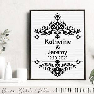 Wedding Modern Cross Stitch Pattern, Personalized Counted Cross Stitch, Wedding Anniversary Sampler, Engagement Gift, Digital Download PDF image 3