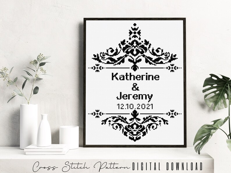 Wedding Modern Cross Stitch Pattern, Personalized Counted Cross Stitch, Wedding Anniversary Sampler, Engagement Gift, Digital Download PDF image 3