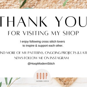 Puede incluir: &iexcl;Gracias por visitar mi tienda! Me encanta seguir a los amantes del punto de cruz para inspirarnos y apoyarnos mutuamente. Para encontrar m&aacute;s de mis patrones, proyectos en curso y las &uacute;ltimas noticias, s&iacute;gueme en Instagram @HoopModernStitch. HOOP MODERN STITCH