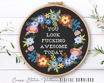 Funny Floral Cross Stitch Pattern: Sassy Feminist Embroidery (Digital Download PDF)
