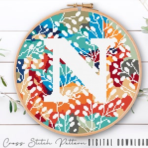 Letter N Cross Stitch Pattern: Modern Floral Monogram (Digital Download PDF)
