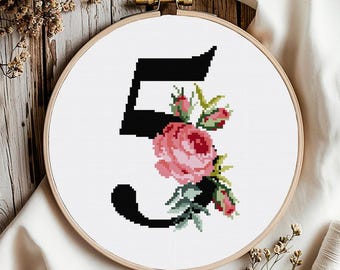 Floral Number 5 Cross Stitch Pattern: Alphabet Monogram (Digital Download PDF)