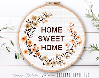 Home Sweet Home Cross Stitch Pattern, Modern Counted Cross Stitch Sampler, Floral Embroidery, Hoop Art, Home Decor DIY, Digital Download PDF