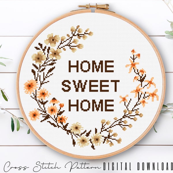 Home Sweet Home Cross Stitch Pattern, Modern Counted Cross Stitch Sampler, Floral Embroidery, Hoop Art, Home Decor DIY, Digital Download PDF