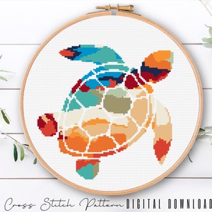 Modern Sea Life Cross Stitch Pattern, Sea Turtle Cross Stitch, Ocean Counted Cross Stitch Sampler, Beach Embroidery, Digital Download PDF