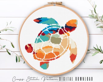 Modern Sea Life Cross Stitch Pattern, Sea Turtle Cross Stitch, Ocean Counted Cross Stitch Sampler, Beach Embroidery, Digital Download PDF