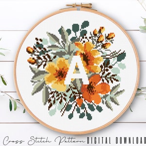 Floral Letter A, Cross Stitch Alphabet Pattern, Monogram With Flower, Counted Cross Stitch Sampler, Initial Embroidery, Digital Download PDF