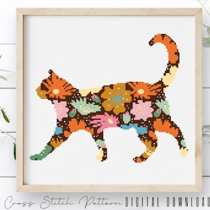 Floral Cat Cross Stitch Pattern: Modern Animal Embroidery (Digital Download PDF)