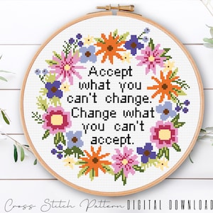 Inspirational Cross Stitch Pattern, Counted Cross Stitch Quote, Modern Floral Cross Stitch Sampler, Embroidery Hoop Art, Digital Download