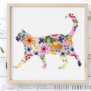 Cat Cross Stitch Pattern, Animal Silhouette Counted Cross Stitch Sampler, Modern Floral Cross Stitch, Embroidery Cat, Digital Download PDF