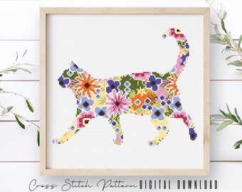 Cat Cross Stitch Pattern, Animal Silhouette Counted Cross Stitch Sampler, Modern Floral Cross Stitch, Embroidery Cat, Digital Download PDF