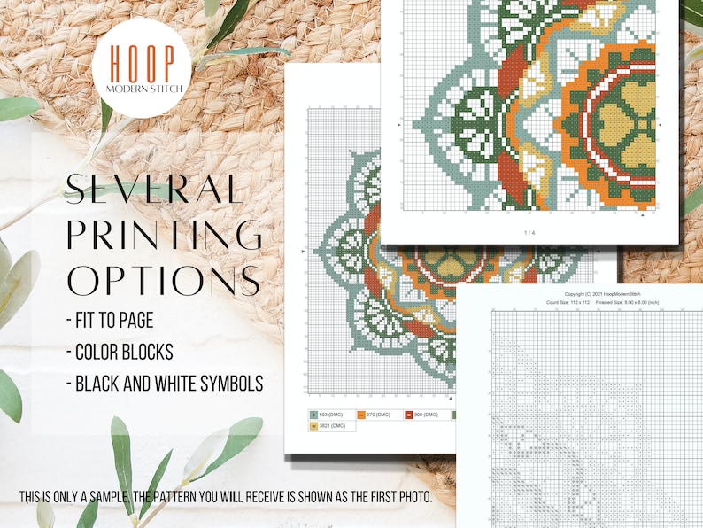 K&ouml;nnte beinhalten: Ein Kreuzstichmuster mit einem farbenfrohen Mandala-Design in den Farben Gr&uuml;n, Orange, Gelb, Rot und Blau. Das Muster ist mit "HOOP MODERN STITCH" beschriftet und bietet verschiedene Druckoptionen: Anpassung an die Seite, Farbfelder und Schwarzwei&szlig;symbole.