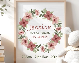 Birth Announcement Cross Stitch Pattern: Modern Floral Sampler (Digital Download)