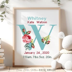 Patrón de punto de cruz para anuncio de nacimiento, decoración de guardería con la letra W, muestrario de registro de nacimiento personalizado para punto de cruz, regalo para bebé, descarga digital en PDF