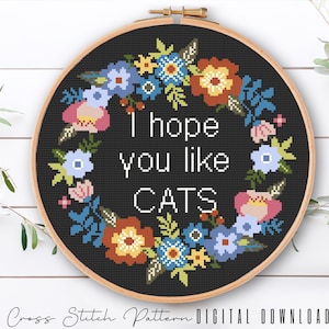 Funny Cross Stitch Pattern, Cat Lovers Counted Cross Stitch, Floral Cross Stitch, Funny Embroidery Pattern, Home Decor, Digital Download PDF