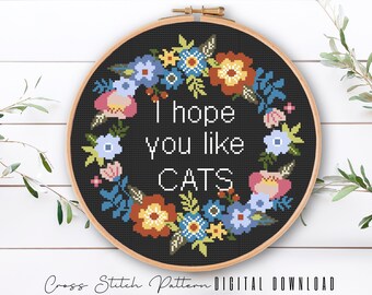 Funny Cat Cross Stitch Pattern: Floral Embroidery (Digital Download PDF)