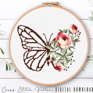 Butterfly Cross Stitch Pattern, Modern Cross Stitch, Floral Counted Cross Stitch, Embroidery Flower, Hoop Art, Home Decor, Digital Download