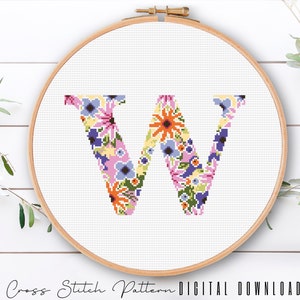 Letter W, Cross Stitch Alphabet Pattern, Modern Monogram, Counted Cross Stitch Sampler, Initial Embroidery, Hoop Art, Digital Download PDF